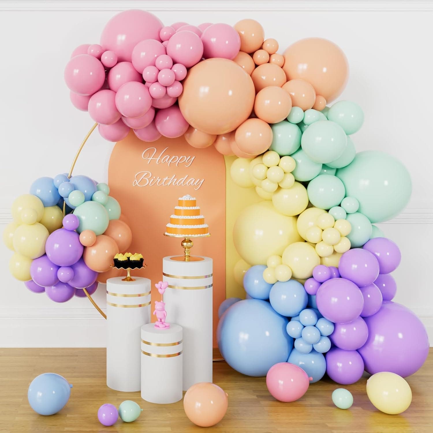Pastel Gökkuşağı Balon Çelenk Kemer Seti