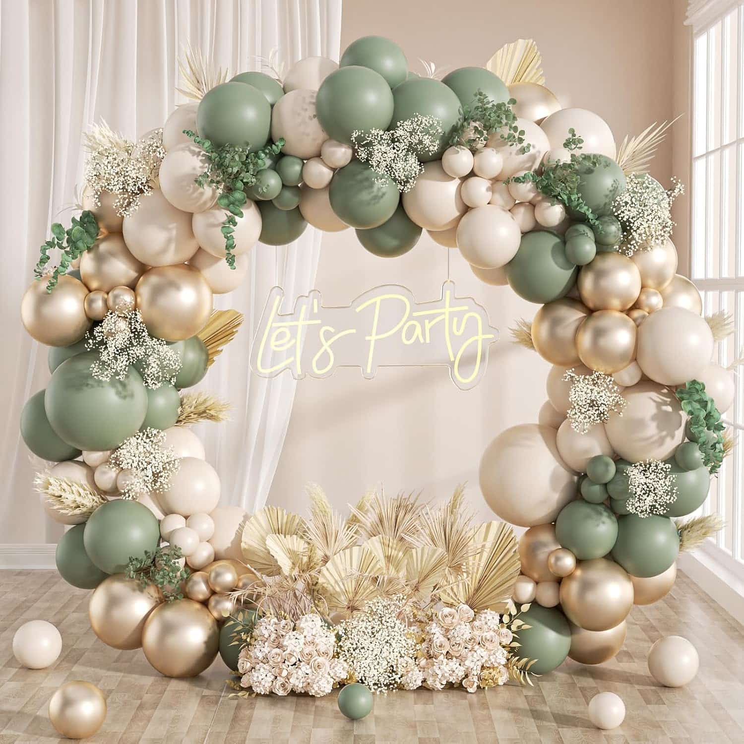 Adaçayı Yeşili Boho Balon Çelenk Kemer Seti